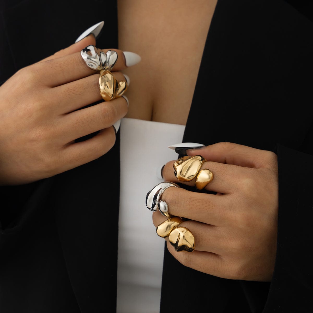 Asymmetric Gold Silver Tone Waterdrop Open Ring - ArtGalleryZen