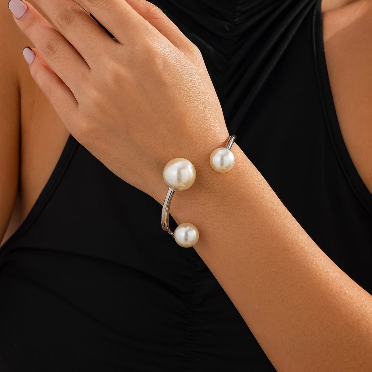 Asymmetrical Baroque Pearl Charm Bangle Bracelet