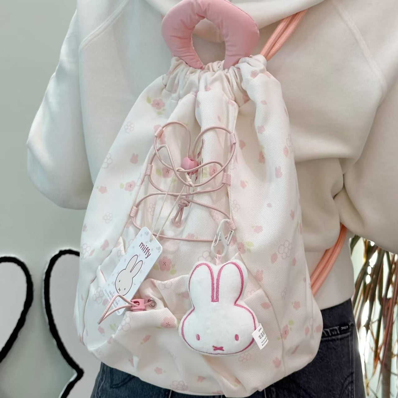 Authentic Miffy Cherry Blossoms Drawstring Backpack - ArtGalleryZen