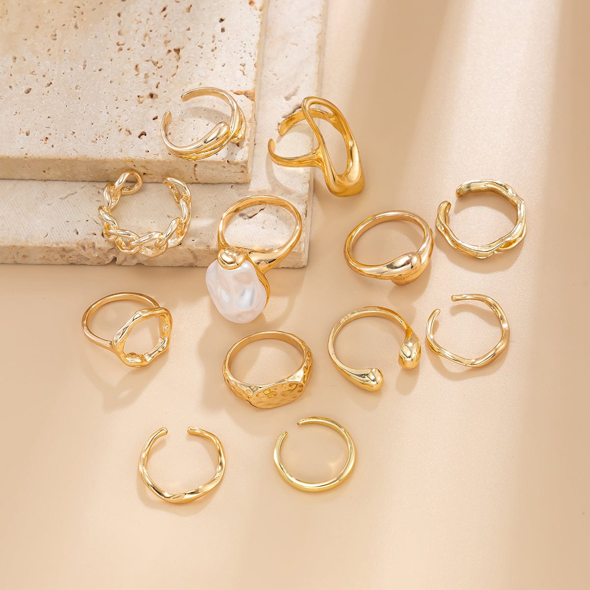 Baroque 12pcs Irregular Pearl Hoop Curved Ring Set - ArtGalleryZen