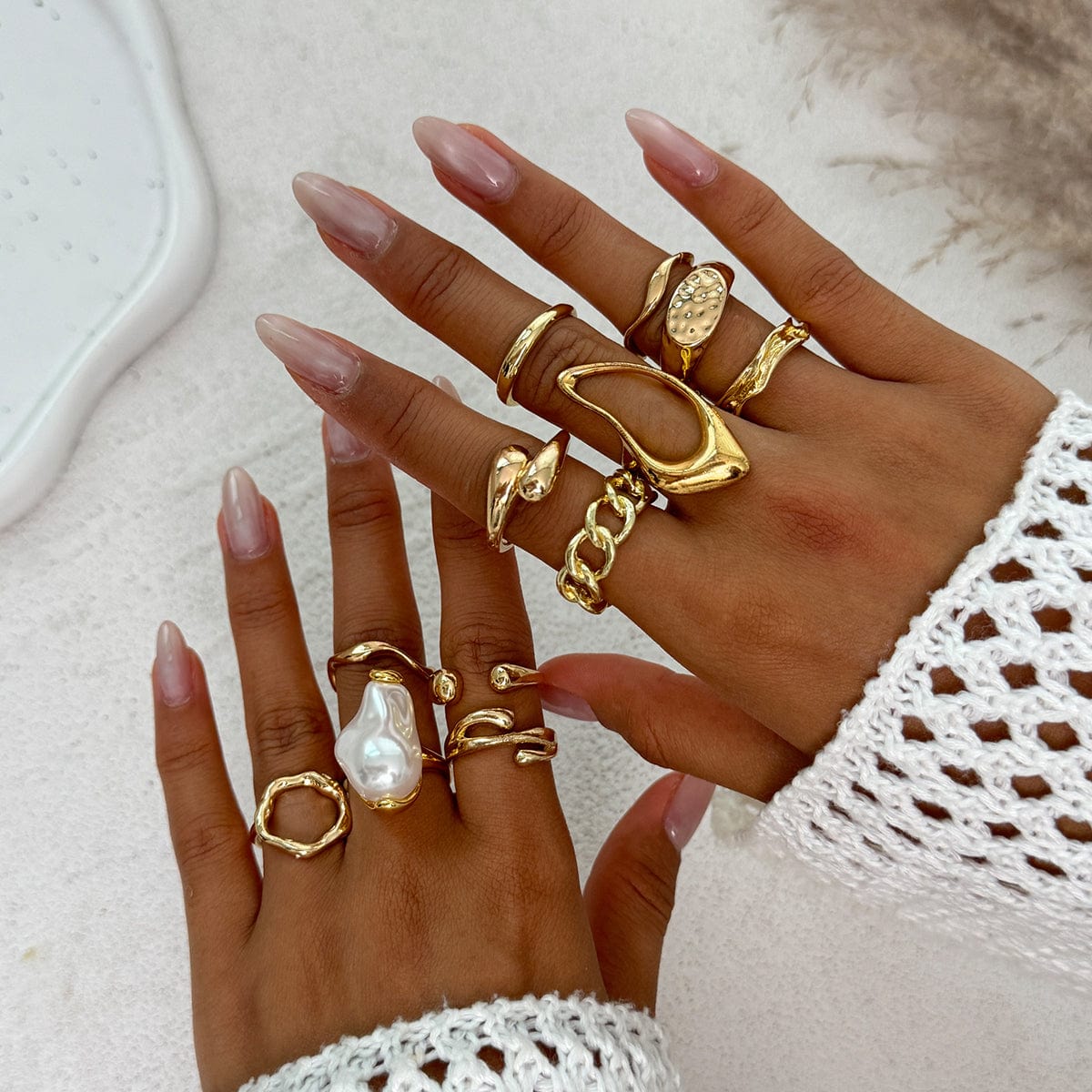 Baroque 12pcs Irregular Pearl Hoop Curved Ring Set - ArtGalleryZen