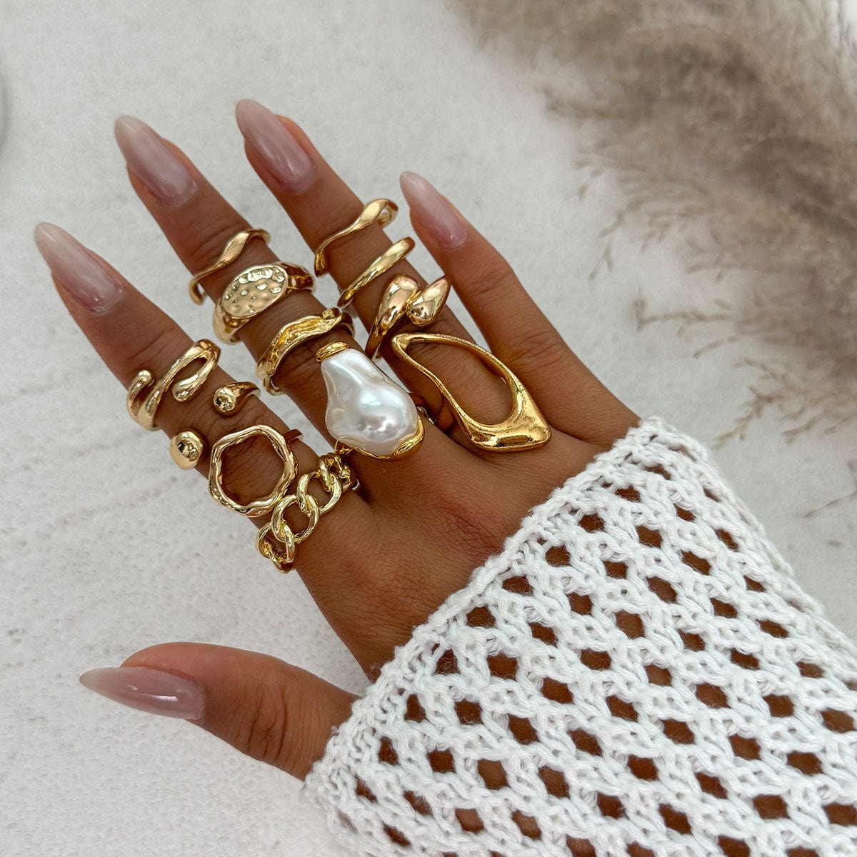 Baroque 12pcs Irregular Pearl Hoop Curved Ring Set - ArtGalleryZen