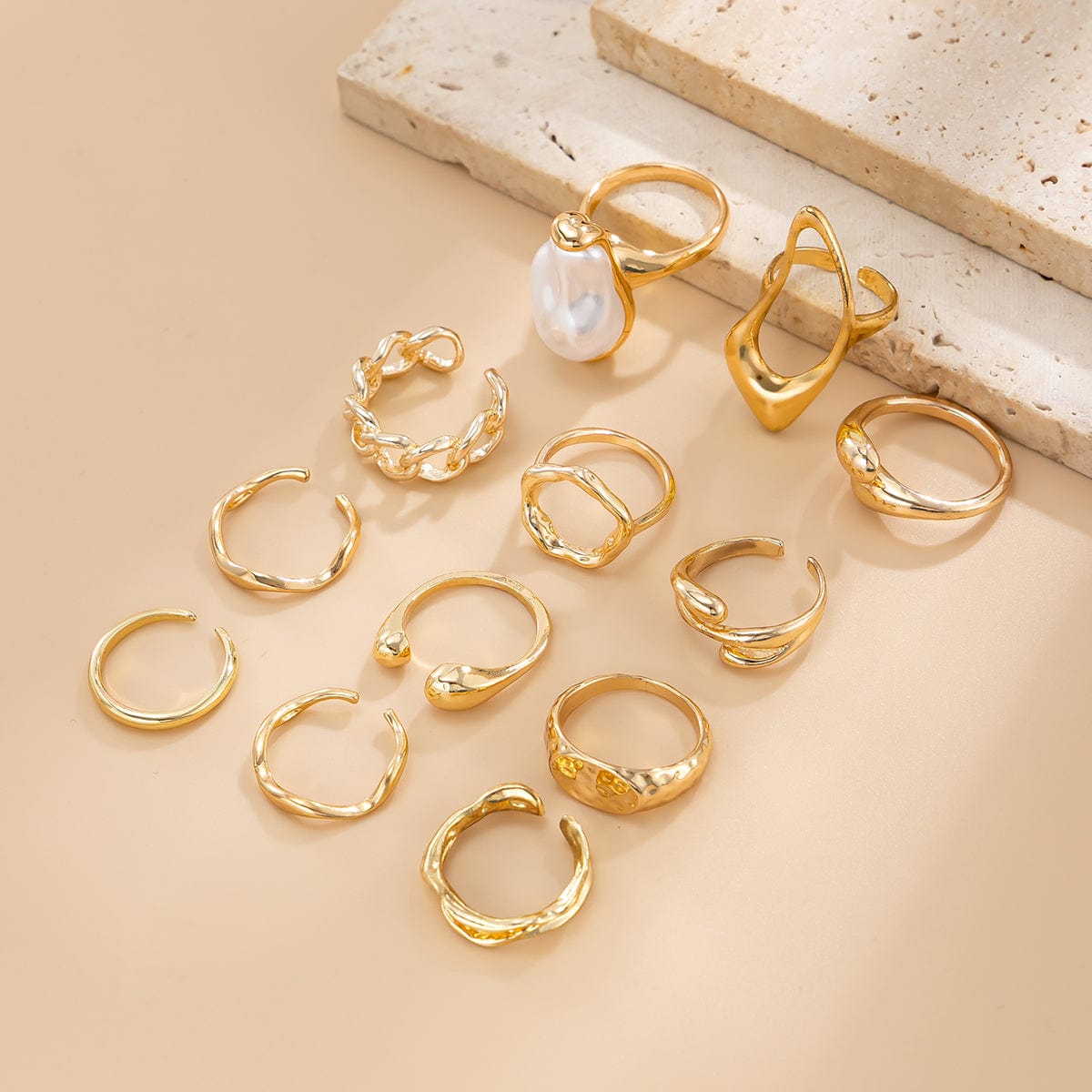 Baroque 12pcs Irregular Pearl Hoop Curved Ring Set - ArtGalleryZen