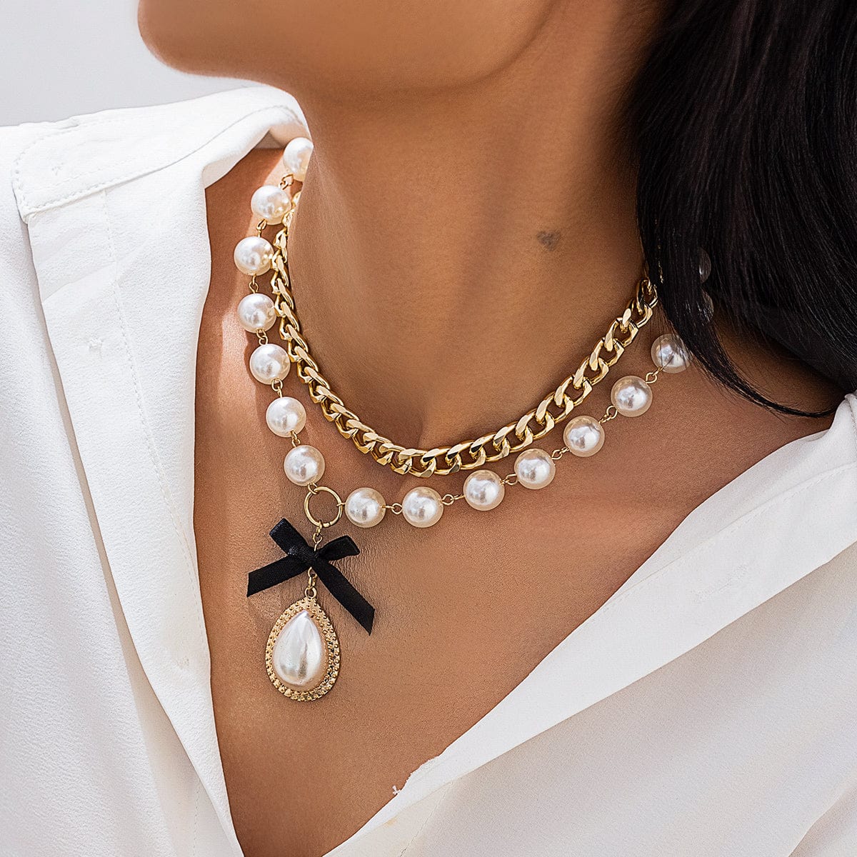 Baroque 2pcs Bowknot Pearl Pendant Curb Chain Necklace Set - ArtGalleryZen