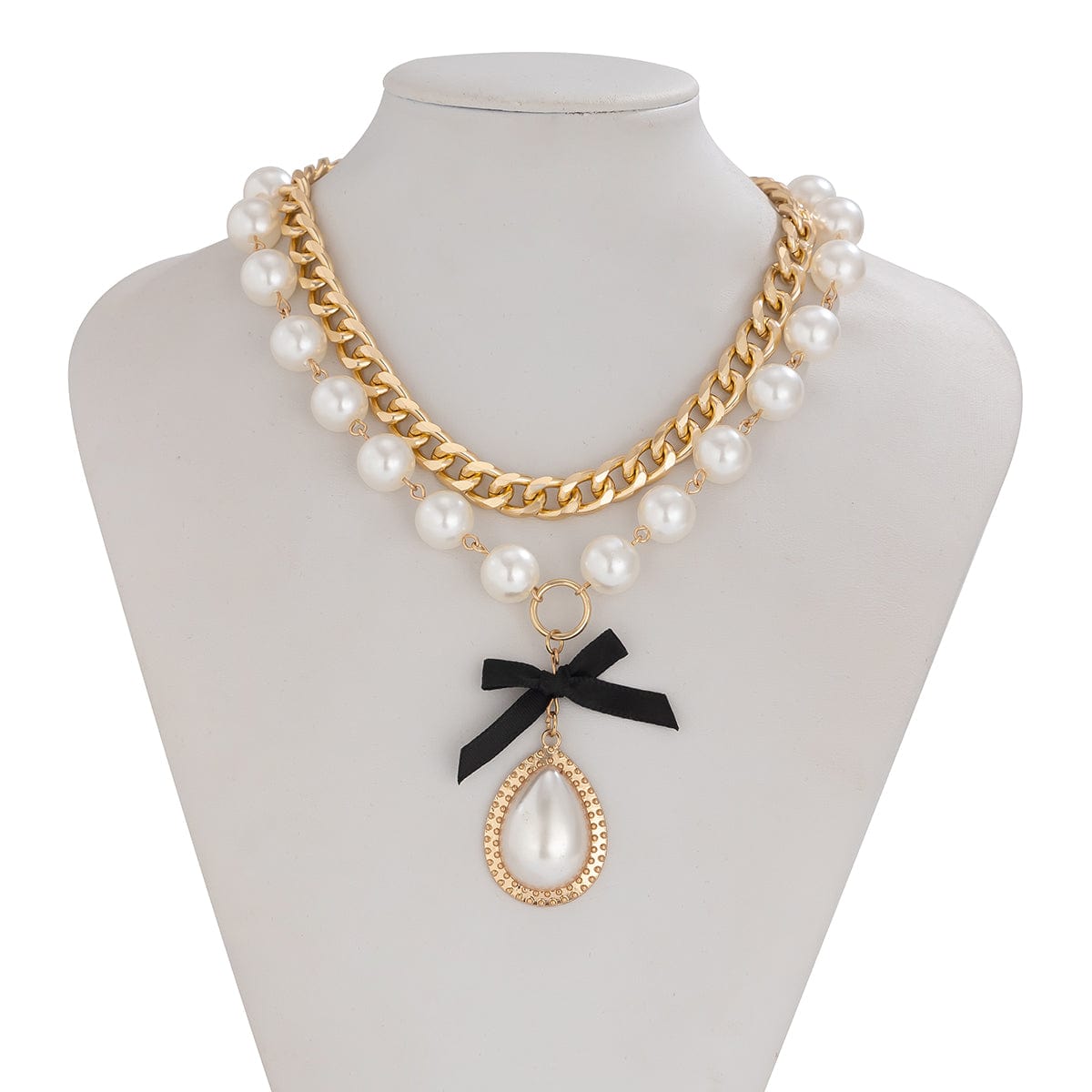 Baroque 2pcs Bowknot Pearl Pendant Curb Chain Necklace Set - ArtGalleryZen