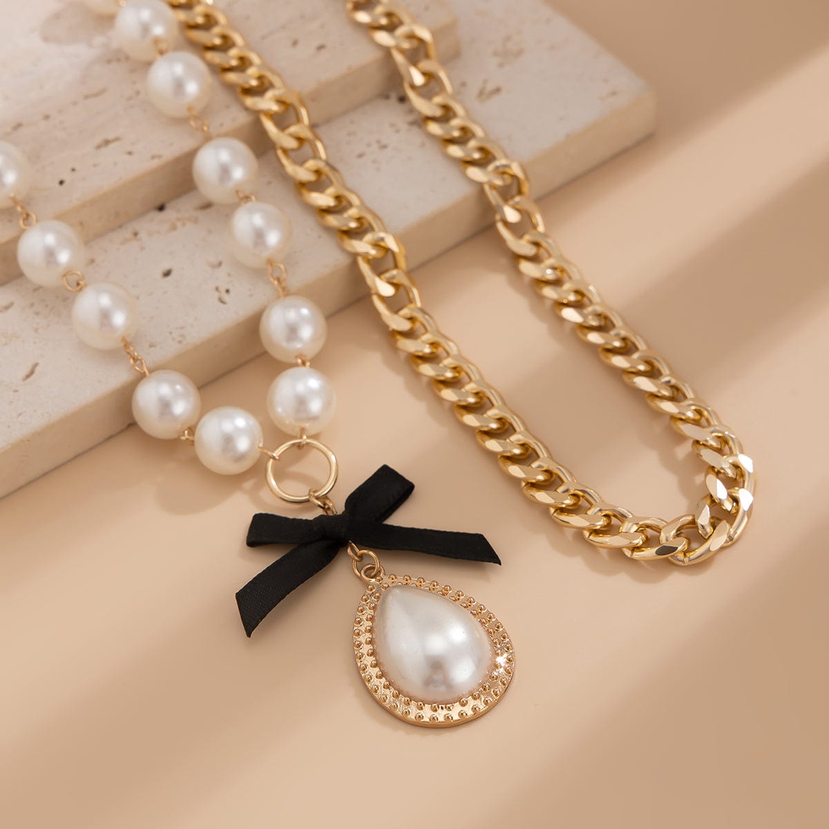 Baroque 2pcs Bowknot Pearl Pendant Curb Chain Necklace Set - ArtGalleryZen