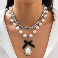 Thumbnail for Baroque 2pcs Bowknot Pearl Pendant Curb Chain Necklace Set - ArtGalleryZen