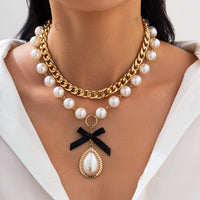 Thumbnail for Baroque 2pcs Bowknot Pearl Pendant Curb Chain Necklace Set - ArtGalleryZen