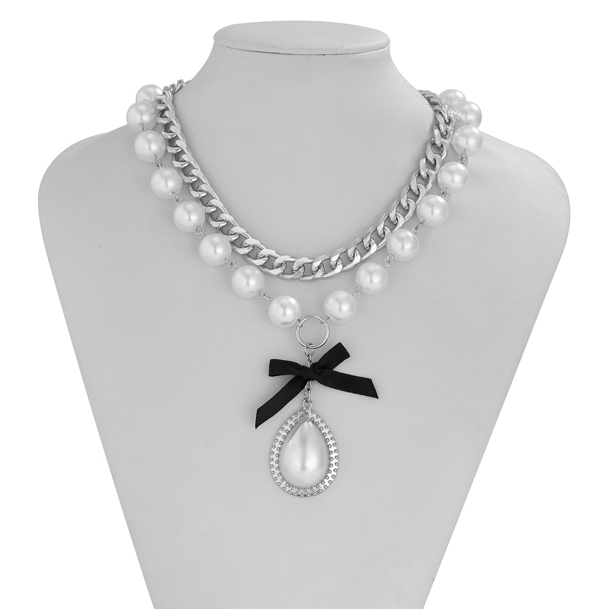 Baroque 2pcs Bowknot Pearl Pendant Curb Chain Necklace Set - ArtGalleryZen