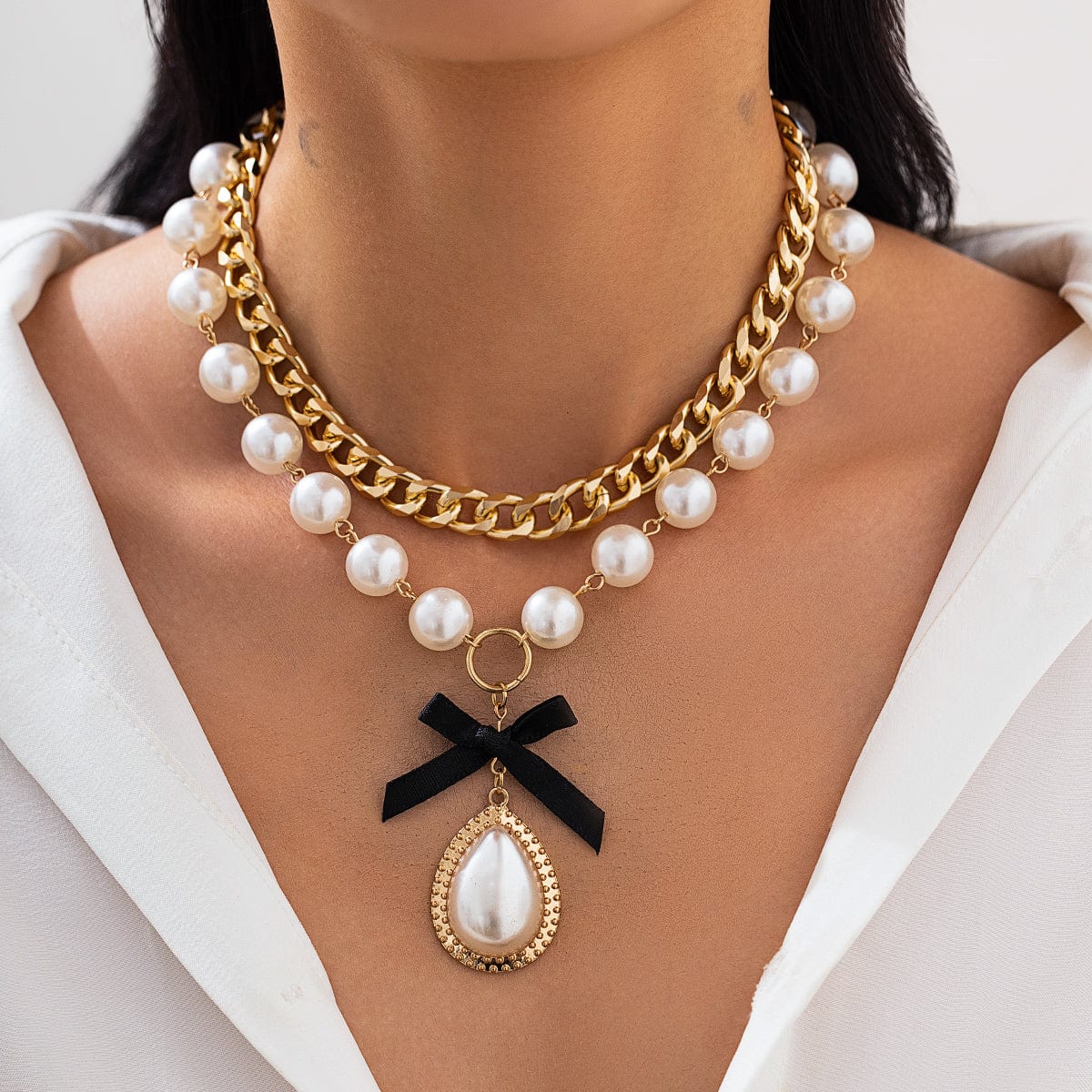 Baroque 2pcs Bowknot Pearl Pendant Curb Chain Necklace Set