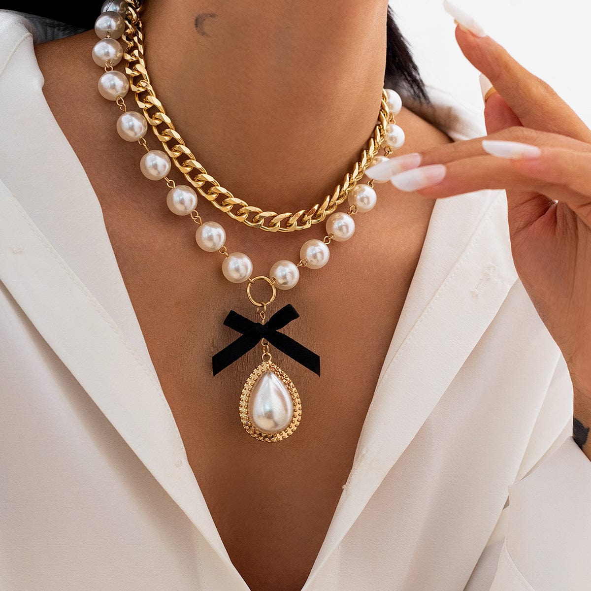 Baroque 2pcs Bowknot Pearl Pendant Curb Chain Necklace Set