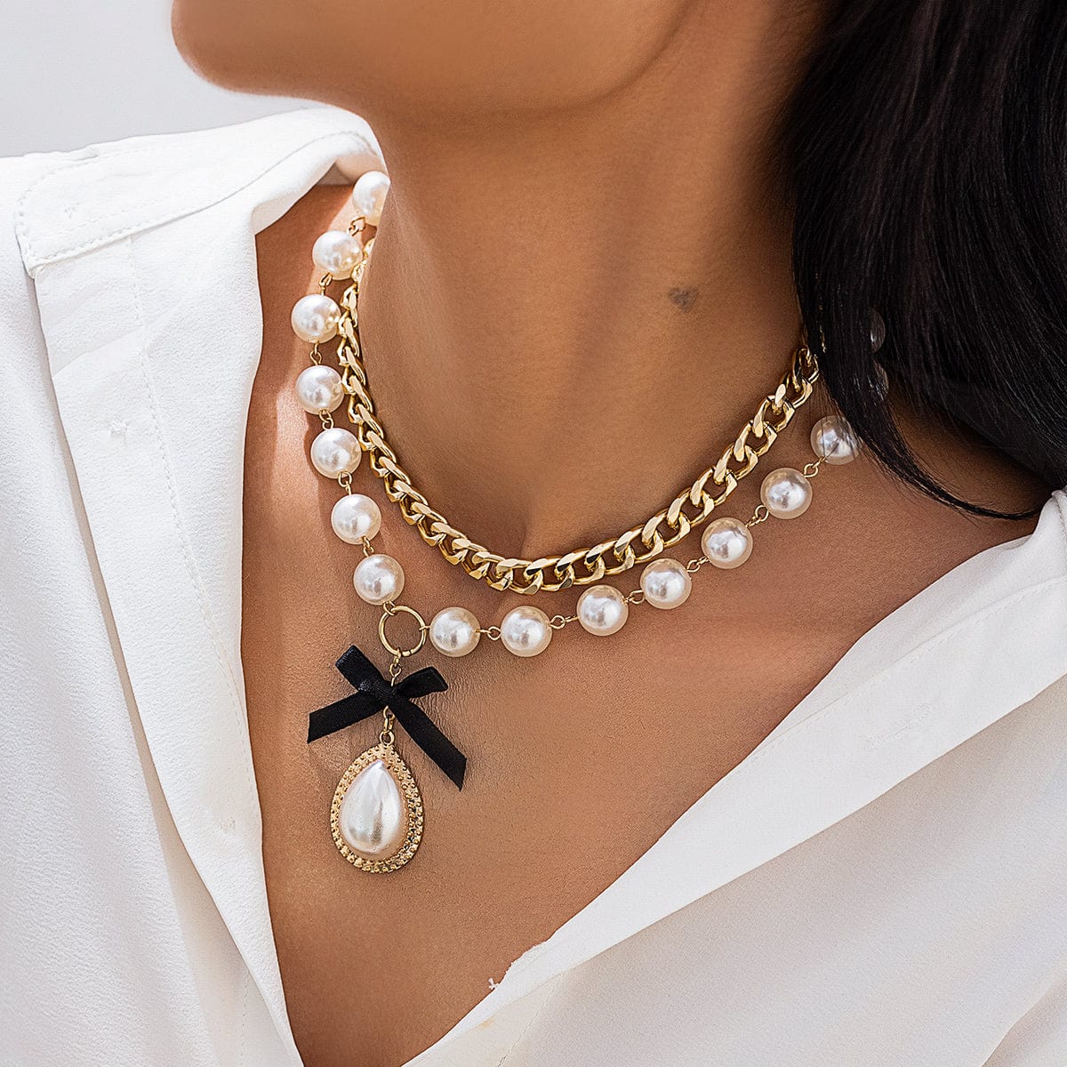 Baroque 2pcs Bowknot Pearl Pendant Curb Chain Necklace Set