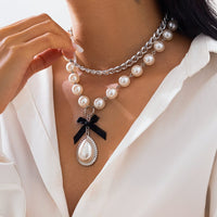 Thumbnail for Baroque 2pcs Bowknot Pearl Pendant Curb Chain Necklace Set