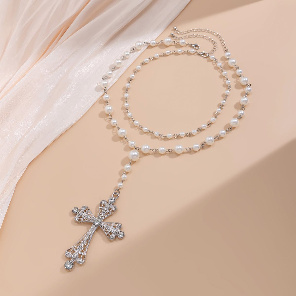 Baroque 2Pcs CZ Inlaid Cross Pendant Pearl Chain Y Necklace - ArtGalleryZen