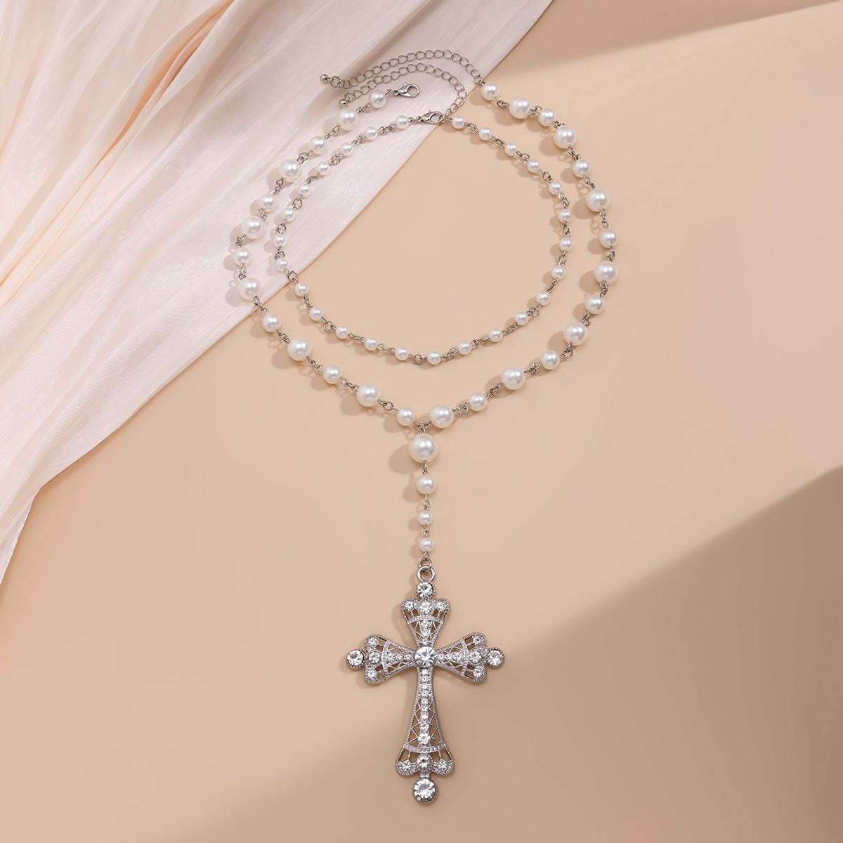 Baroque 2Pcs CZ Inlaid Cross Pendant Pearl Chain Y Necklace - ArtGalleryZen