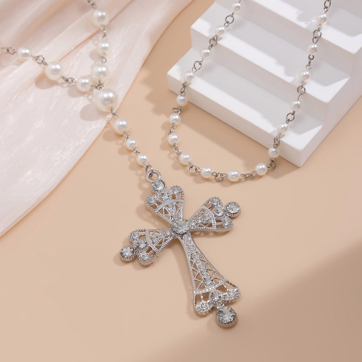 Baroque 2Pcs CZ Inlaid Cross Pendant Pearl Chain Y Necklace - ArtGalleryZen