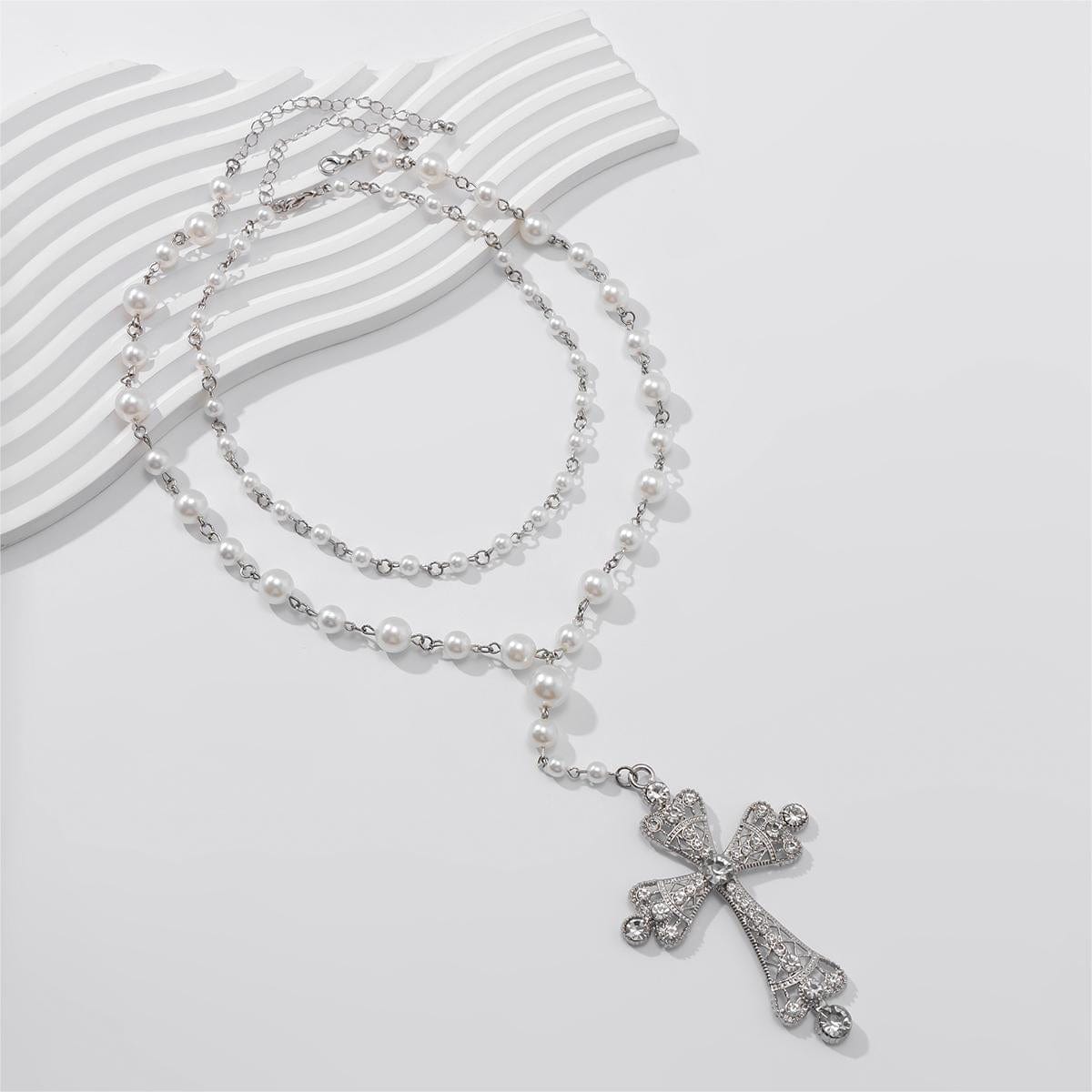 Baroque 2Pcs CZ Inlaid Cross Pendant Pearl Chain Y Necklace - ArtGalleryZen