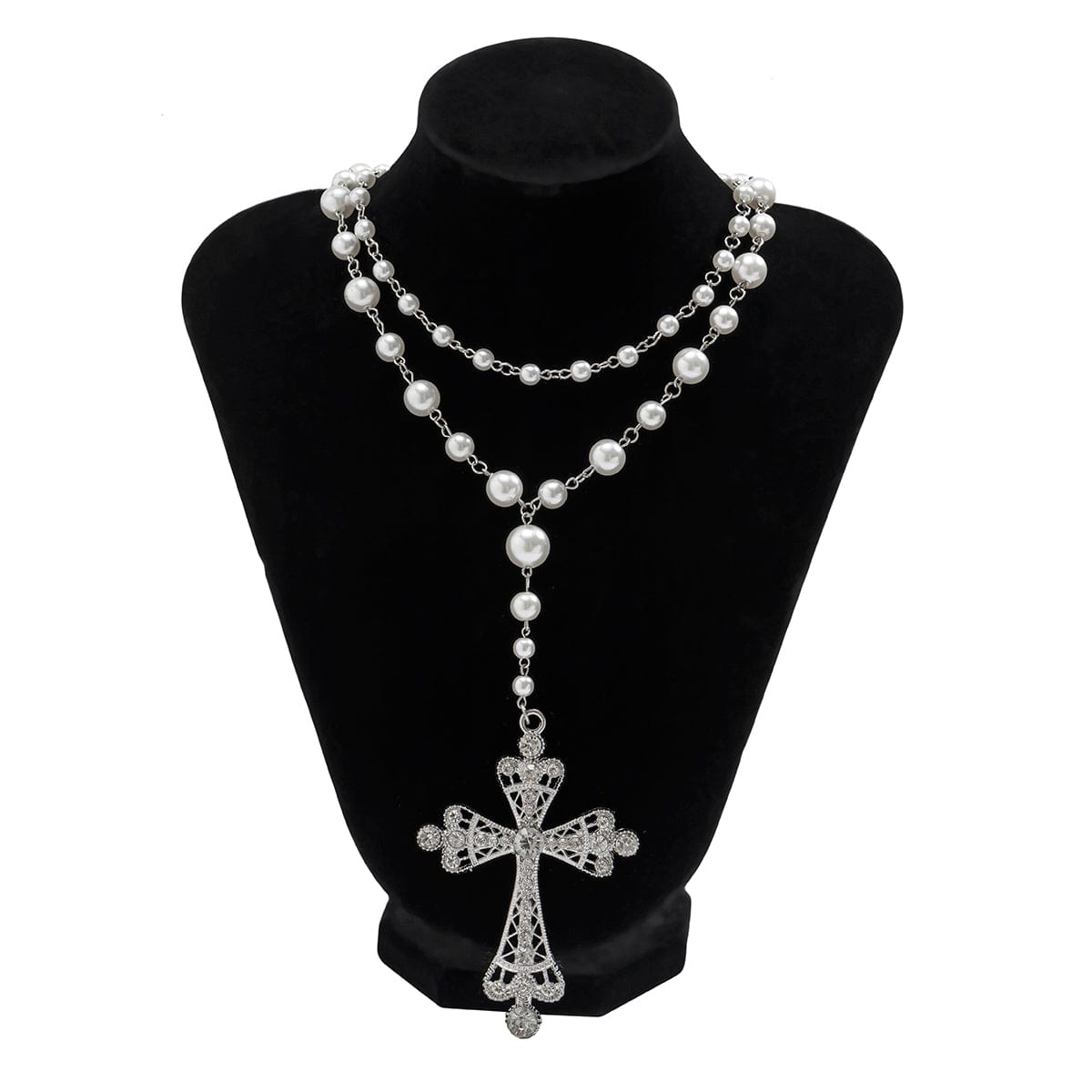 Baroque 2Pcs CZ Inlaid Cross Pendant Pearl Chain Y Necklace - ArtGalleryZen