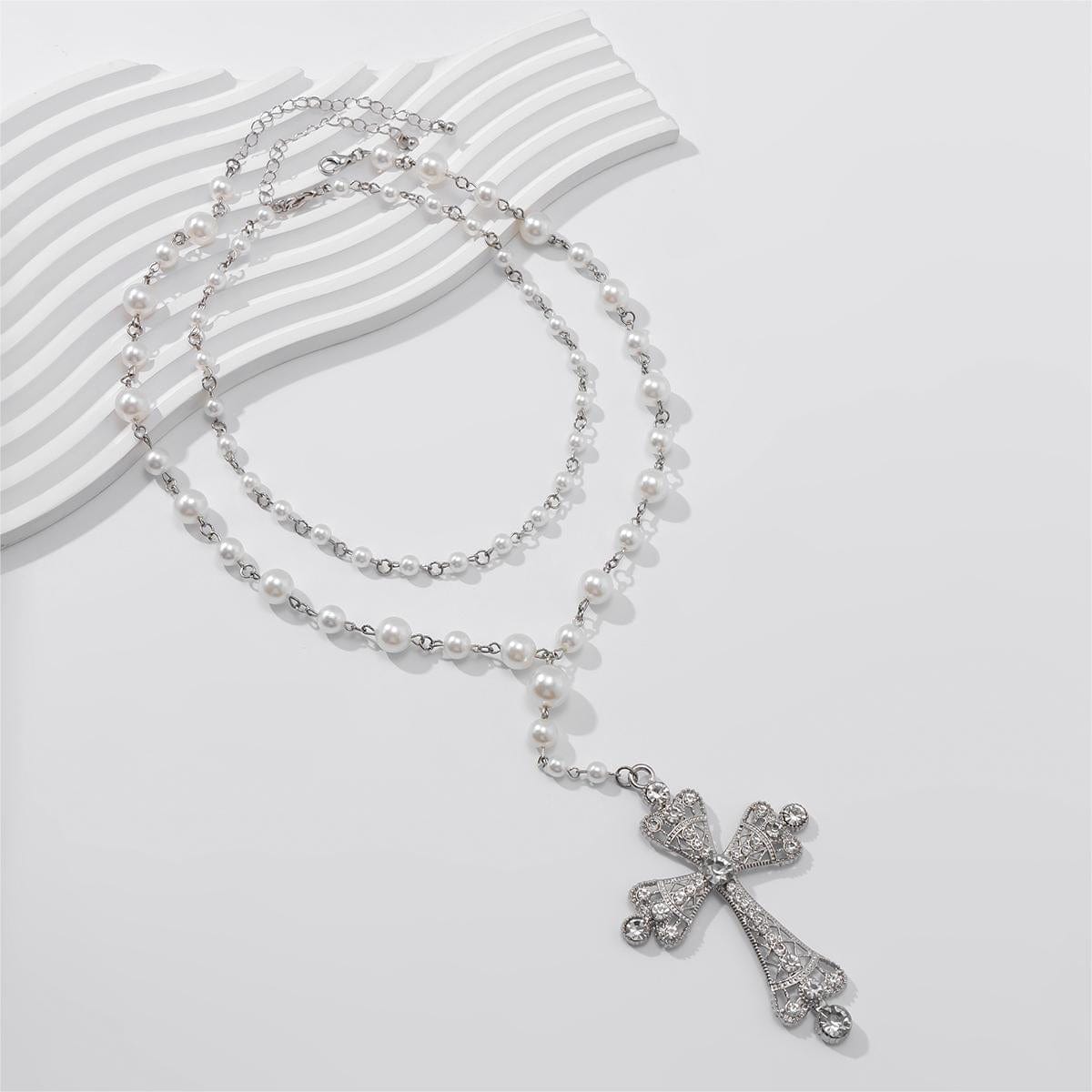 Baroque 2Pcs CZ Inlaid Cross Pendant Pearl Chain Y Necklace