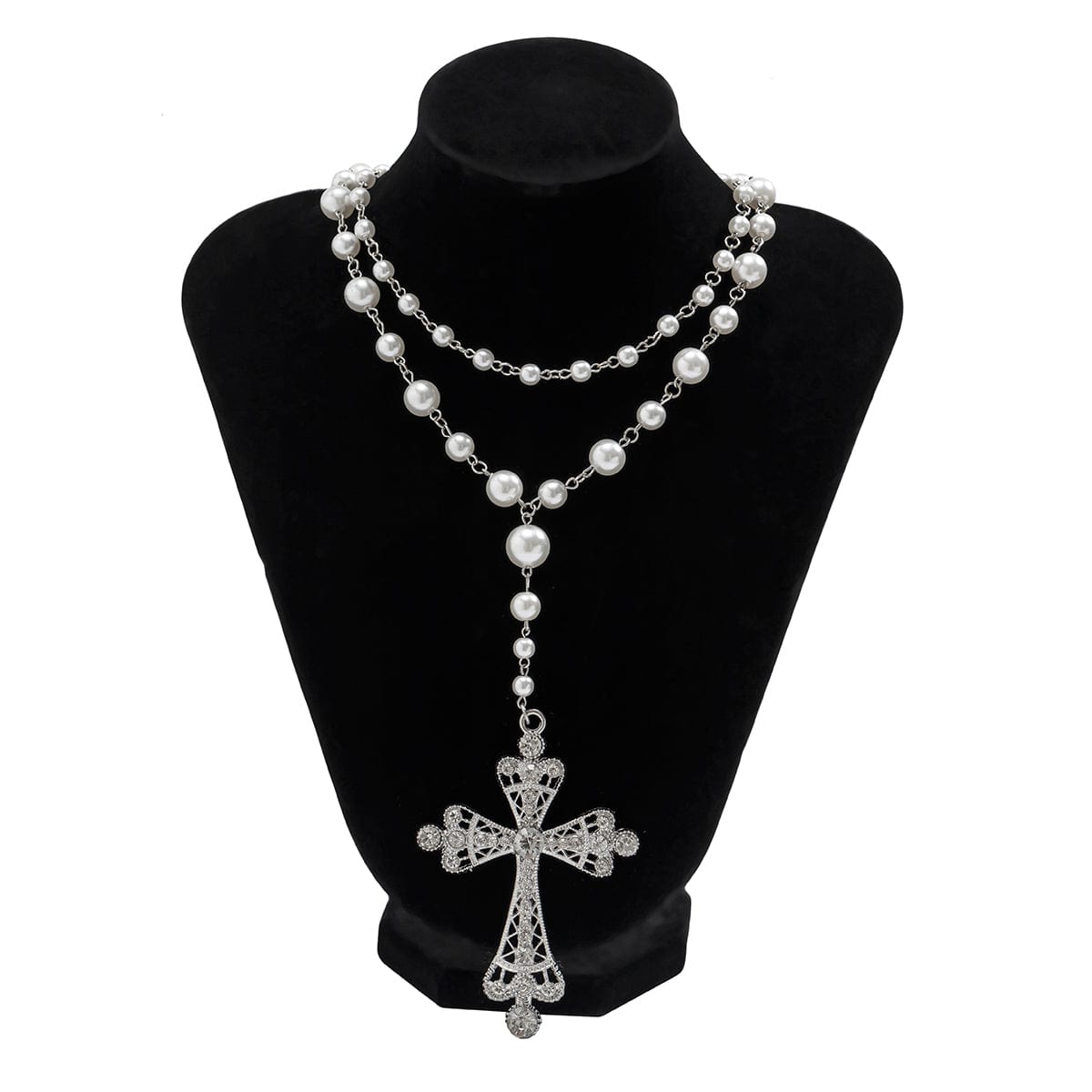 Baroque 2Pcs CZ Inlaid Cross Pendant Pearl Chain Y Necklace