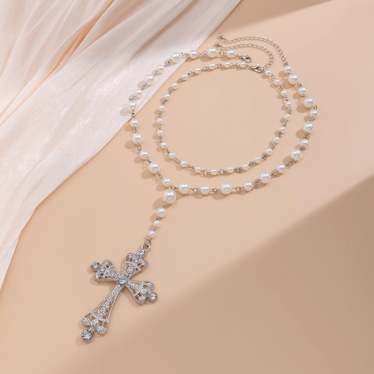 Baroque 2Pcs CZ Inlaid Cross Pendant Pearl Chain Y Necklace