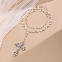 Thumbnail for Baroque 2Pcs CZ Inlaid Cross Pendant Pearl Chain Y Necklace