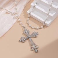 Thumbnail for Baroque 2Pcs CZ Inlaid Cross Pendant Pearl Chain Y Necklace