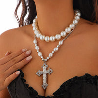 Thumbnail for Baroque 2pcs Floral Cross Pendant Pearl Chain Choker Necklace Set