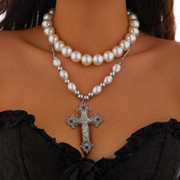 Thumbnail for Baroque 2pcs Floral Cross Pendant Pearl Chain Choker Necklace Set