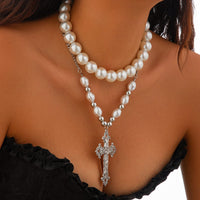 Thumbnail for Baroque 2pcs Floral Cross Pendant Pearl Chain Choker Necklace Set