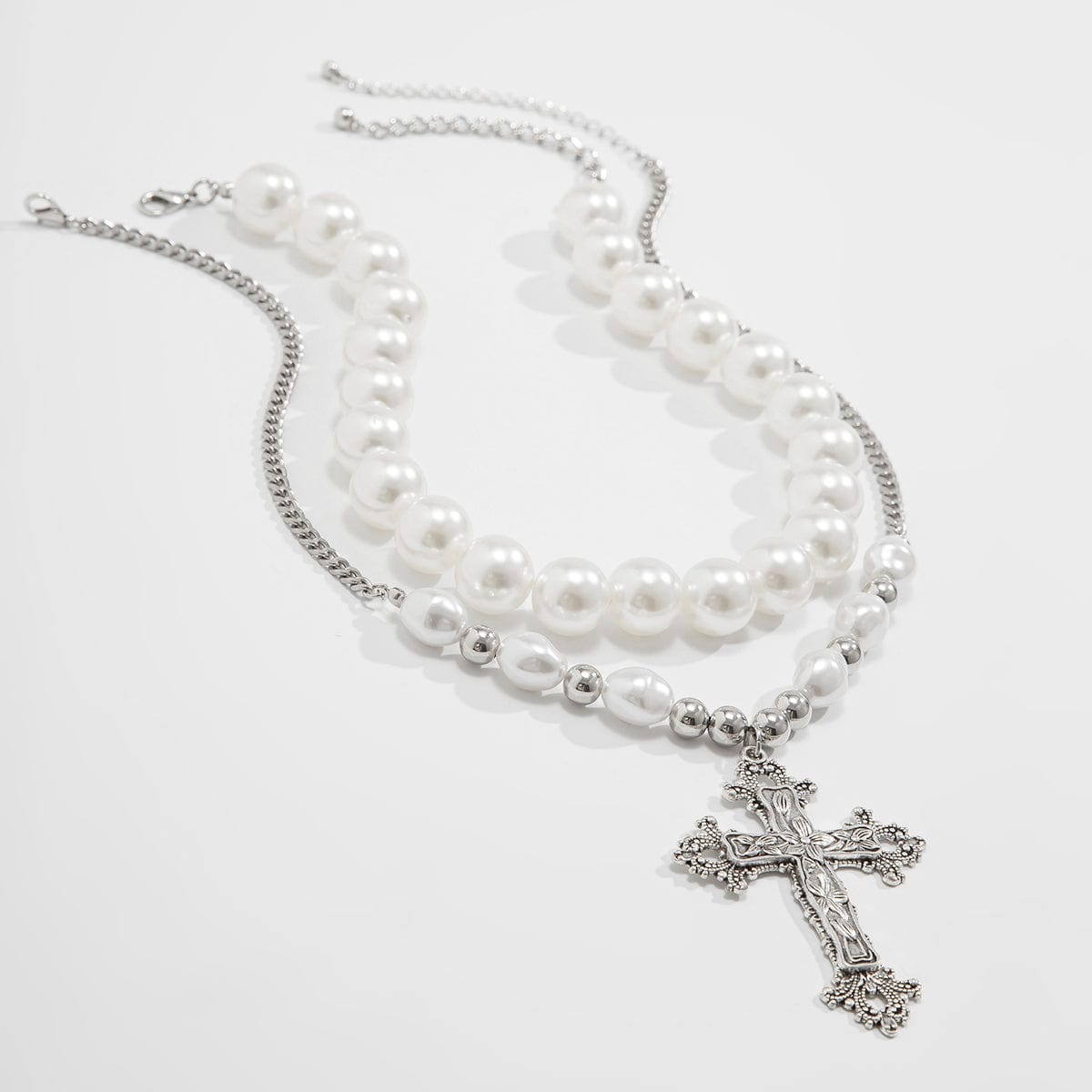 Baroque 2pcs Floral Cross Pendant Pearl Chain Choker Necklace Set