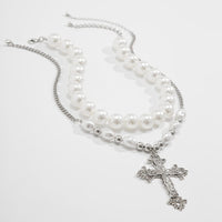 Thumbnail for Baroque 2pcs Floral Cross Pendant Pearl Chain Choker Necklace Set