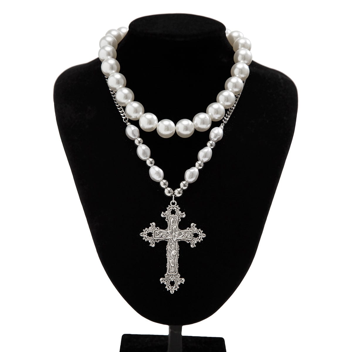 Baroque 2pcs Floral Cross Pendant Pearl Chain Choker Necklace Set