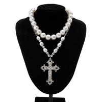 Thumbnail for Baroque 2pcs Floral Cross Pendant Pearl Chain Choker Necklace Set