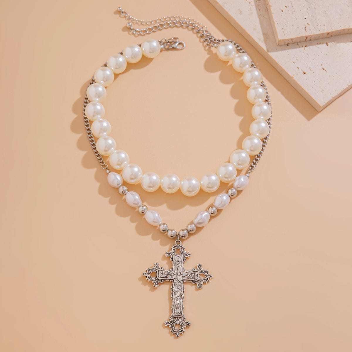 Baroque 2pcs Floral Cross Pendant Pearl Chain Choker Necklace Set