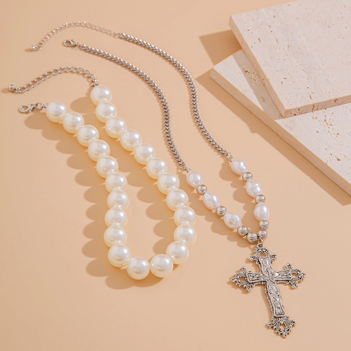 Baroque 2pcs Floral Cross Pendant Pearl Chain Choker Necklace Set