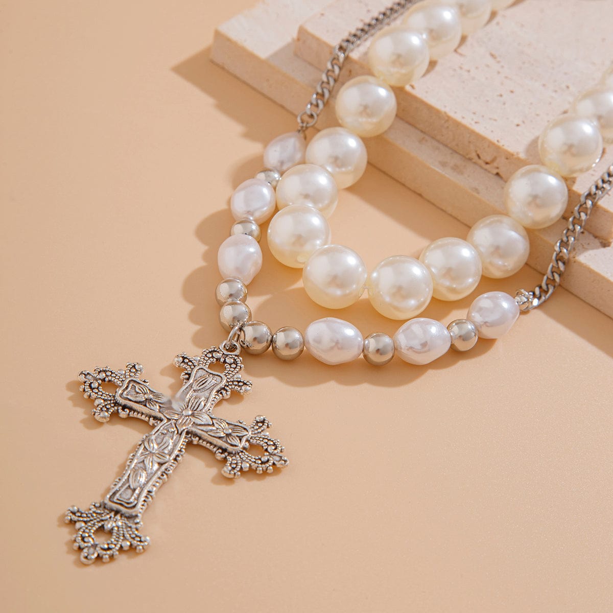 Baroque 2pcs Floral Cross Pendant Pearl Chain Choker Necklace Set