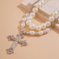 Thumbnail for Baroque 2pcs Floral Cross Pendant Pearl Chain Choker Necklace Set