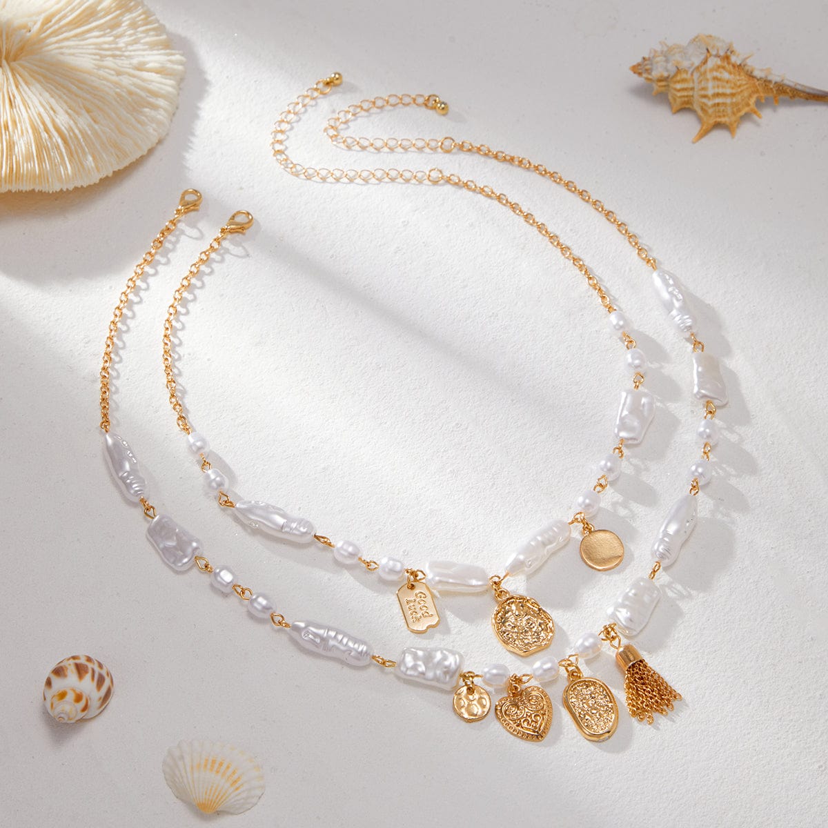 Baroque 2pcs Heart Disk Pendant Irregular Pearl Chain Necklace Set - ArtGalleryZen