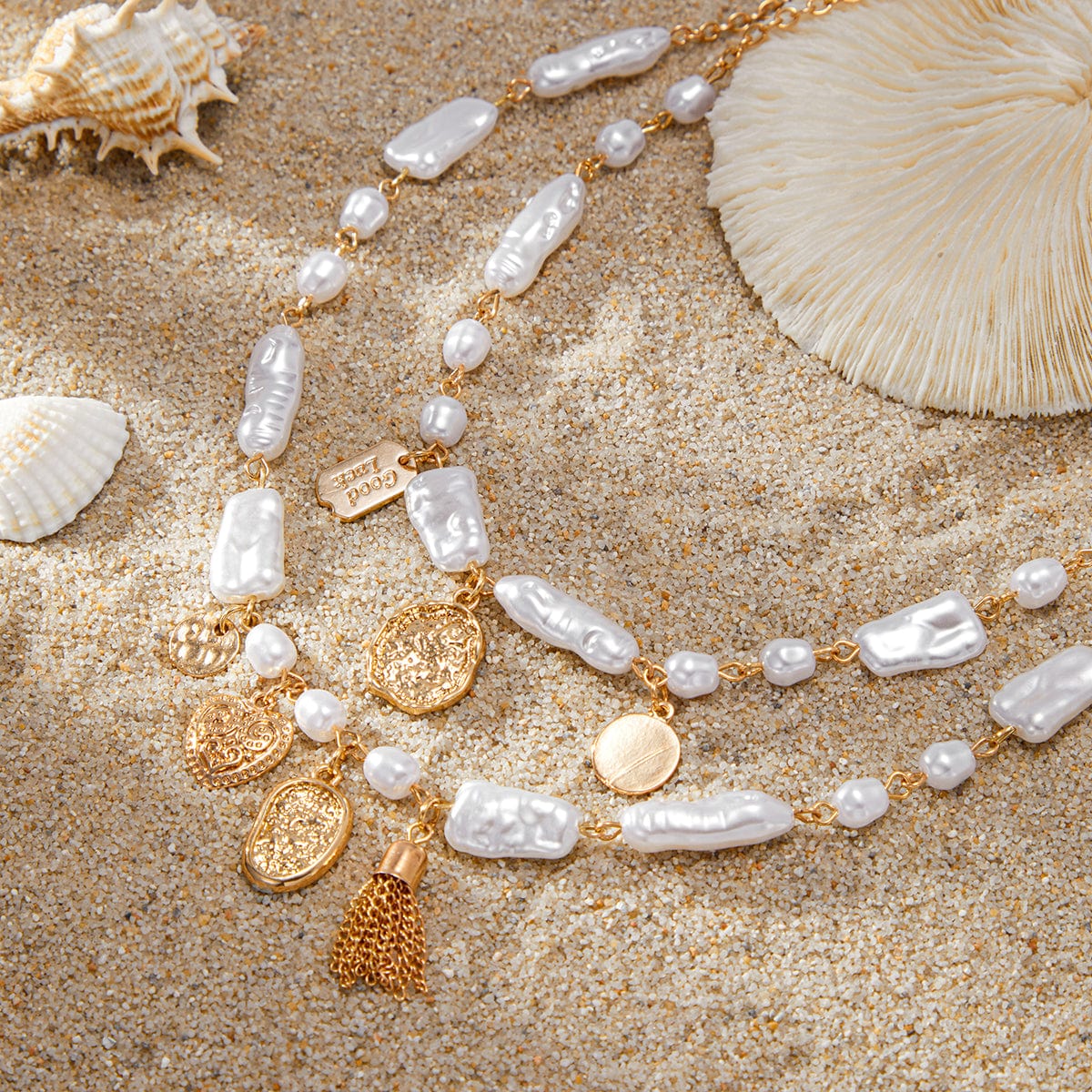 Baroque 2pcs Heart Disk Pendant Irregular Pearl Chain Necklace Set - ArtGalleryZen