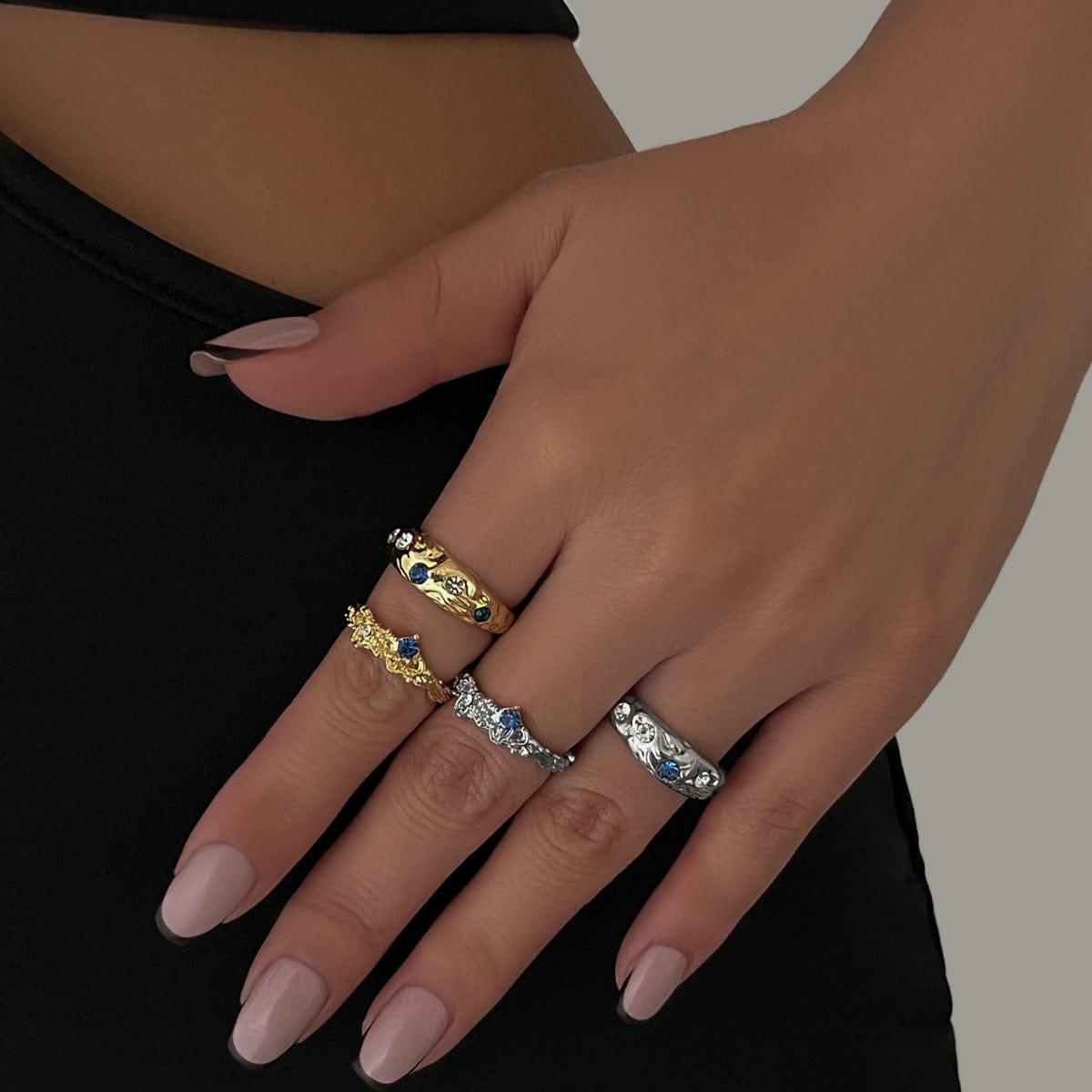 Baroque 2pcs Irregular Pleated Rhinestone Inlaid Open Ring Set