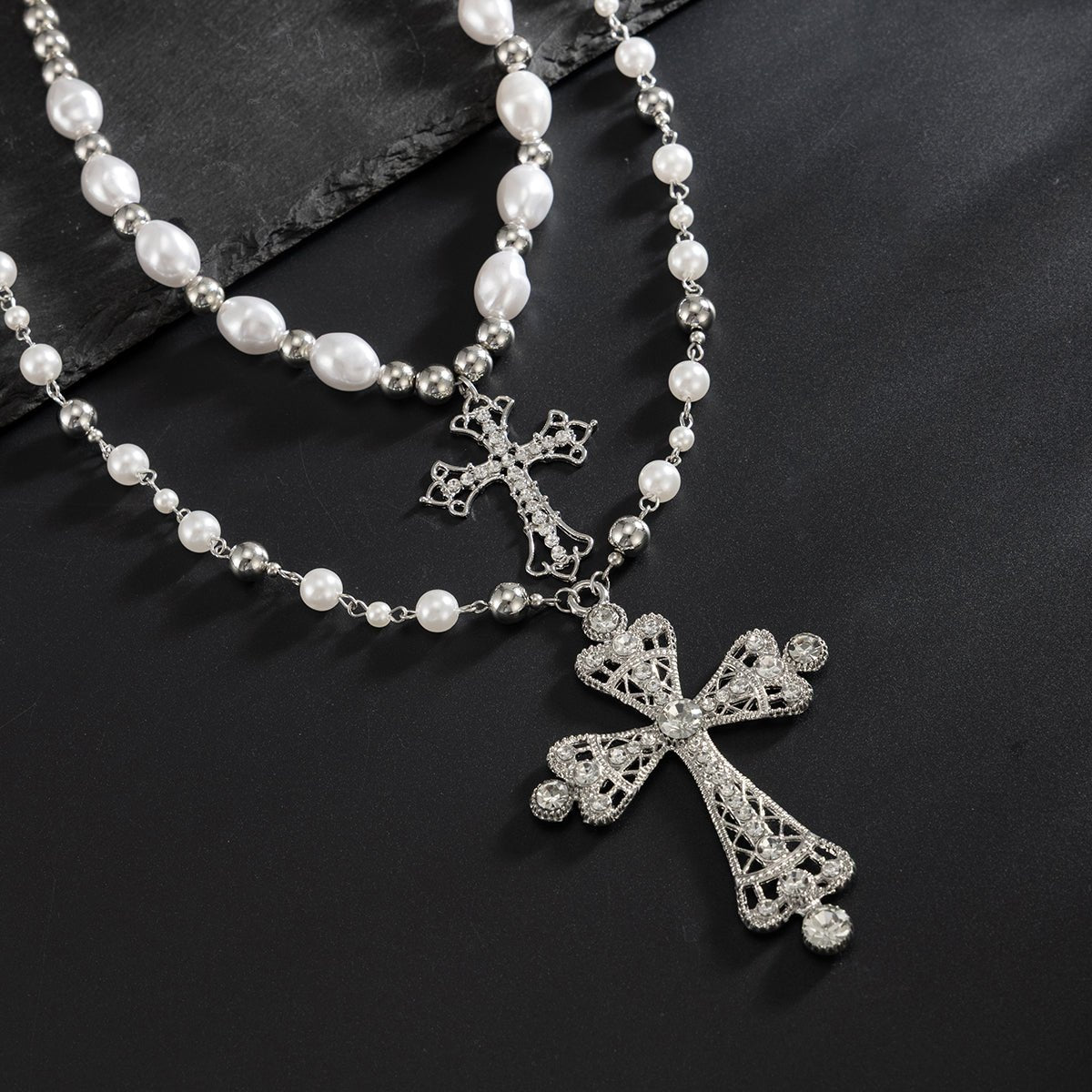 Baroque 2pcs Rhinestone Inlaid Cross Pendant Pearl Chain Necklace Set - ArtGalleryZen