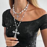 Thumbnail for Baroque 2pcs Rhinestone Inlaid Cross Pendant Pearl Chain Necklace Set - ArtGalleryZen