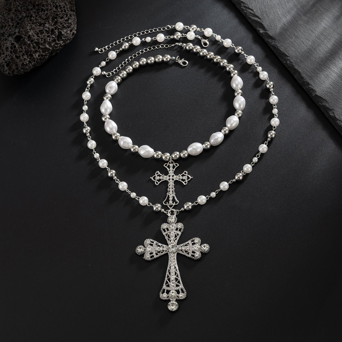 Baroque 2pcs Rhinestone Inlaid Cross Pendant Pearl Chain Necklace Set - ArtGalleryZen