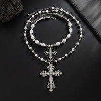 Thumbnail for Baroque 2pcs Rhinestone Inlaid Cross Pendant Pearl Chain Necklace Set - ArtGalleryZen
