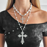 Thumbnail for Baroque 2pcs Rhinestone Inlaid Cross Pendant Pearl Chain Necklace Set - ArtGalleryZen