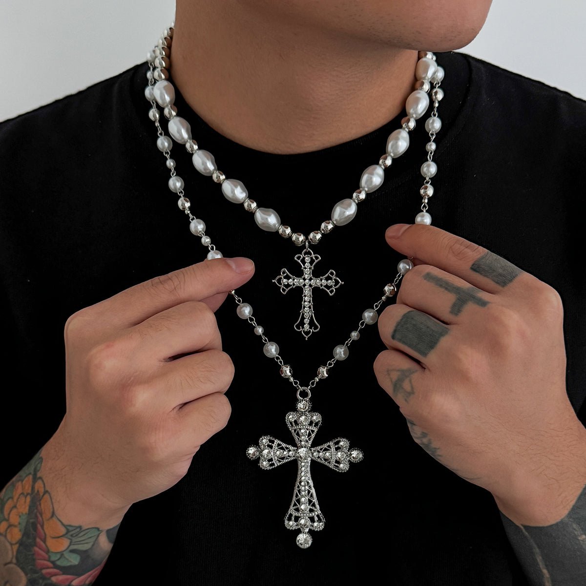 Baroque 2pcs Rhinestone Inlaid Cross Pendant Pearl Chain Necklace Set - ArtGalleryZen
