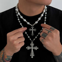 Thumbnail for Baroque 2pcs Rhinestone Inlaid Cross Pendant Pearl Chain Necklace Set - ArtGalleryZen