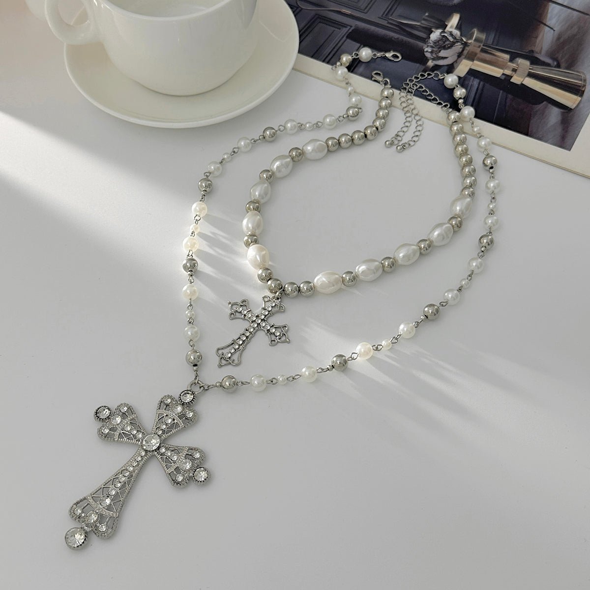 Baroque 2pcs Rhinestone Inlaid Cross Pendant Pearl Chain Necklace Set - ArtGalleryZen