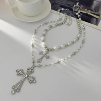 Thumbnail for Baroque 2pcs Rhinestone Inlaid Cross Pendant Pearl Chain Necklace Set - ArtGalleryZen